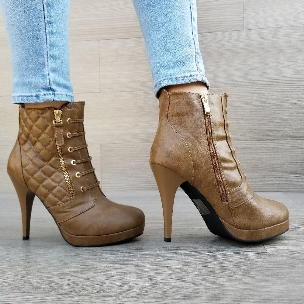 Khaki Platform High Heel Boots Light Fur inside - Picture 4 of 7